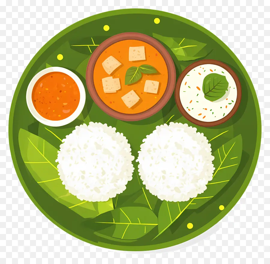 Thali Indien，Riz Et Poulet Sur Feuille PNG