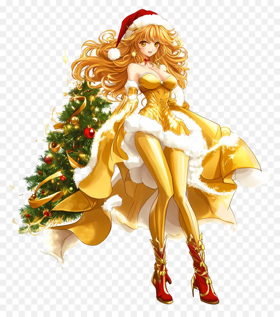 Or De Noël，Fille Anime De Noël Doré PNG