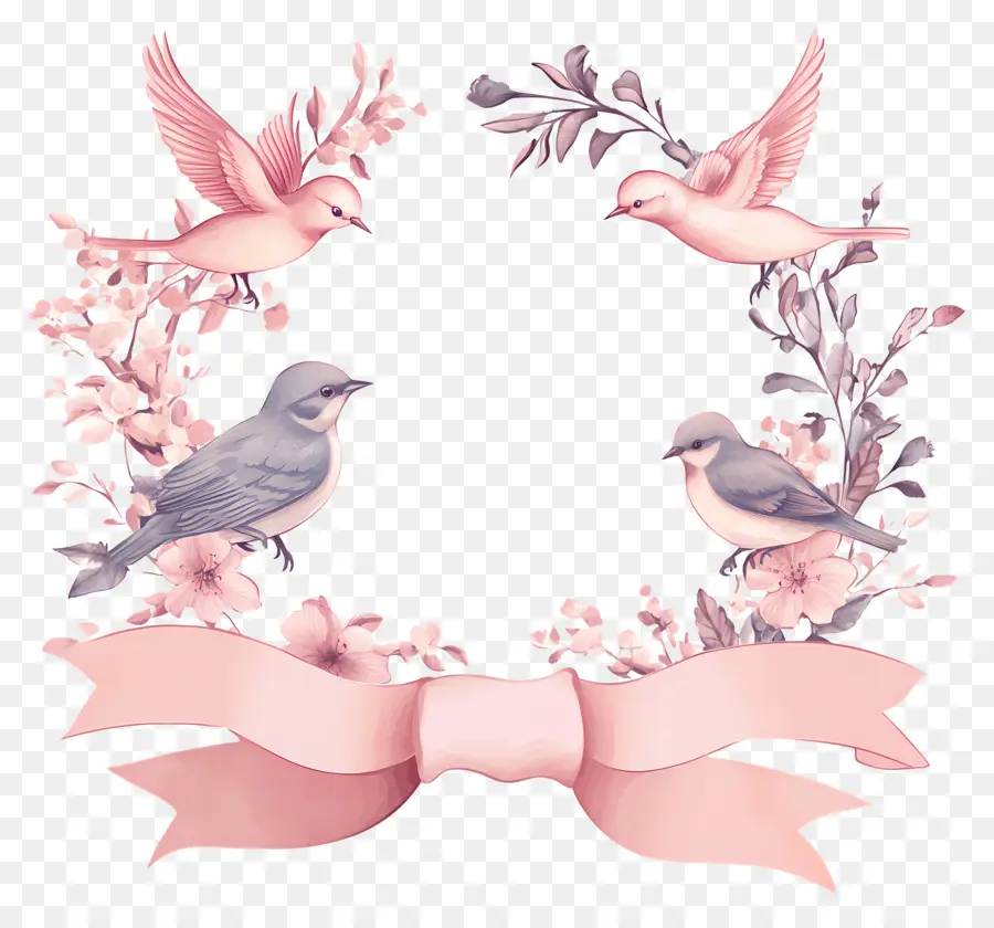 Oiseaux De Mariage，Oiseaux Et Ruban Rose PNG