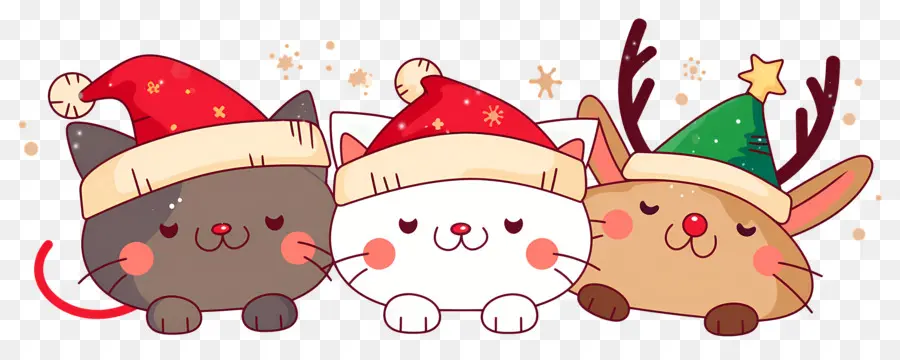 Animaux De Noël，Chats Mignons Avec Des Chapeaux De Noël PNG