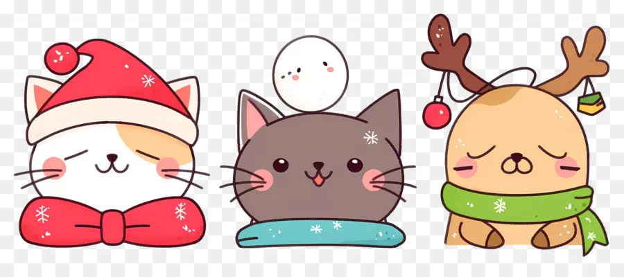 Animaux De Noël，Chats Mignons Avec Des Chapeaux De Noël PNG