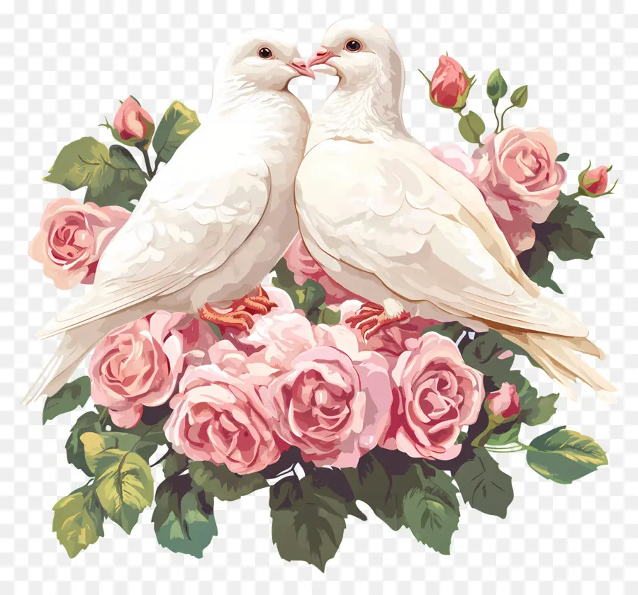 Oiseaux De Mariage，Colombes Blanches Et Roses PNG