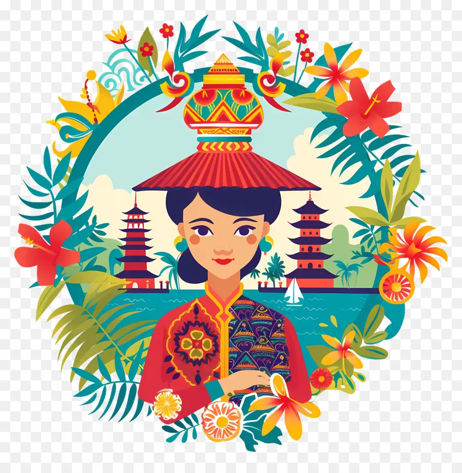 Femme Indonésienne，Illustration Culturelle Colorée PNG