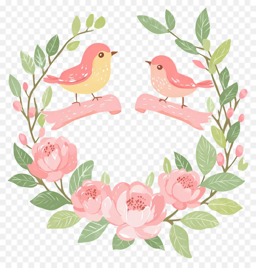 Les Oiseaux D'amour，Oiseaux Et Fleurs Roses PNG