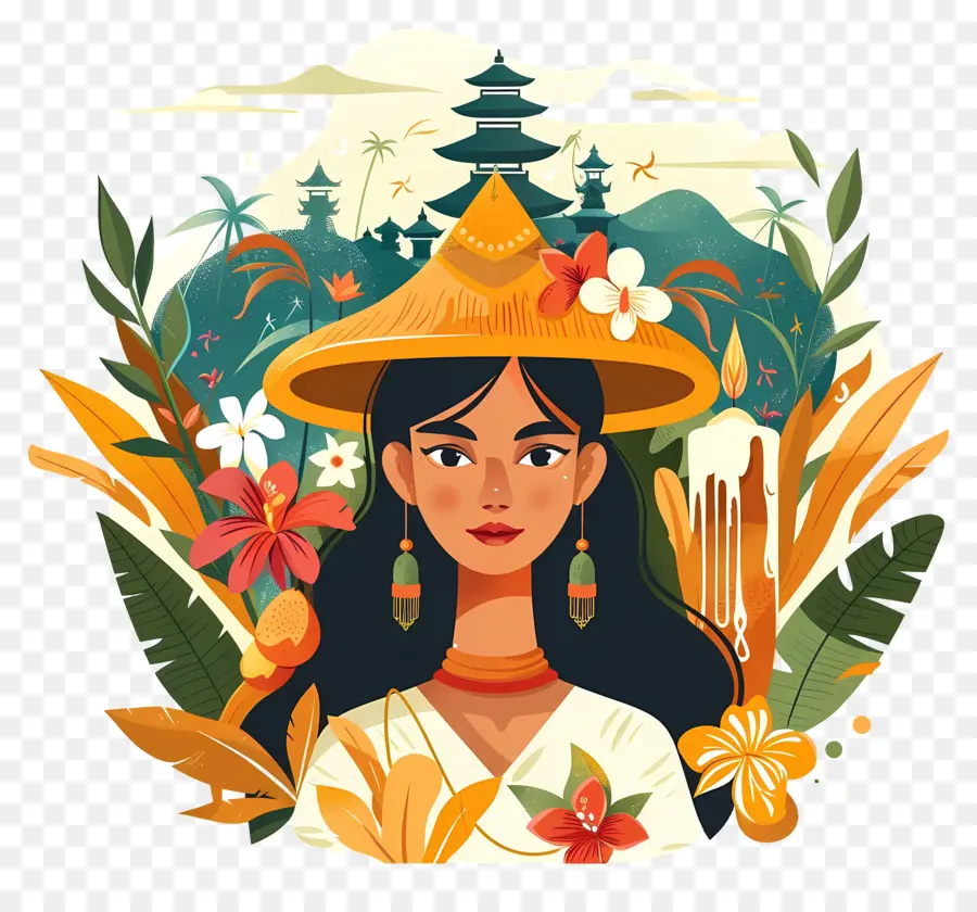 Femme Indonésienne，Femme Avec Chapeau Et Fleurs PNG