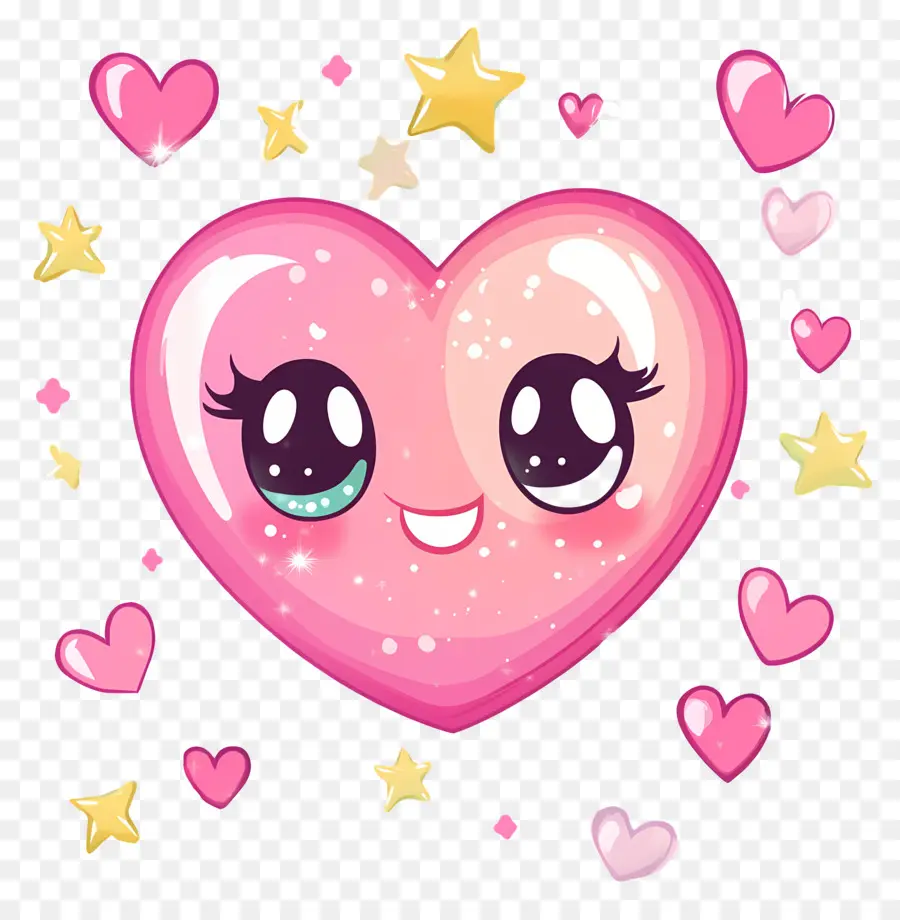 Coeur Kawaii，Coeur Rose Avec Des étoiles PNG