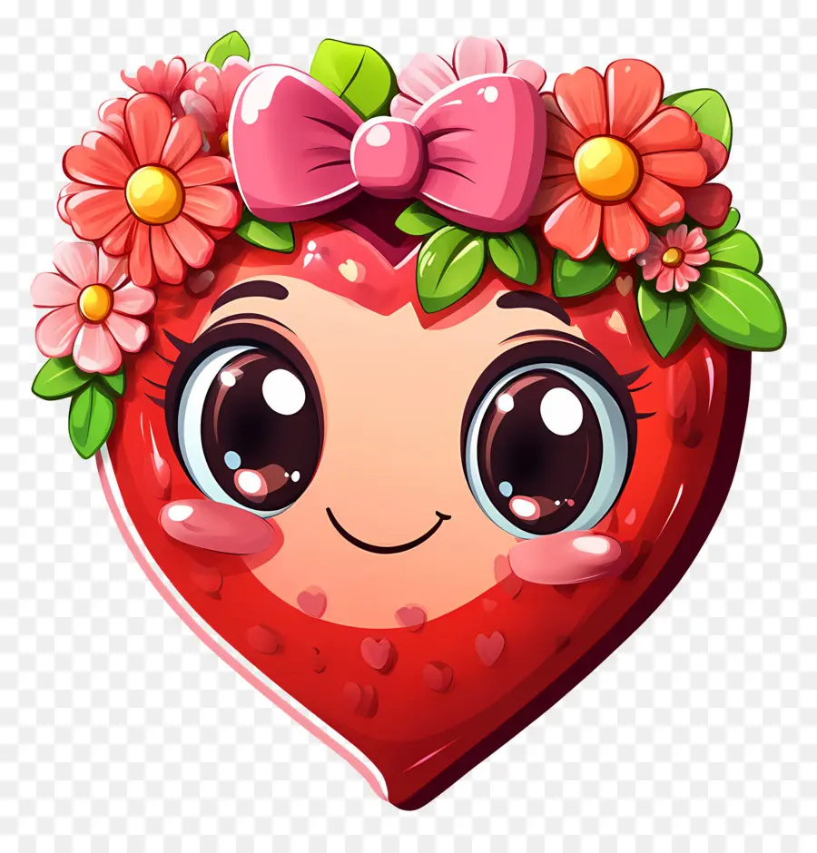 Coeur Kawaii，Coeur De Fraise Avec Des Fleurs PNG