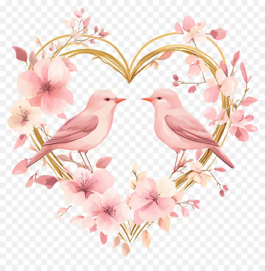 Coeur De Mariage，Coeur Avec Oiseaux Et Fleurs PNG