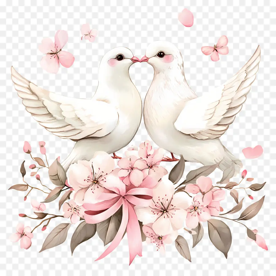 Les Oiseaux D'amour，Colombes Avec Des Fleurs PNG