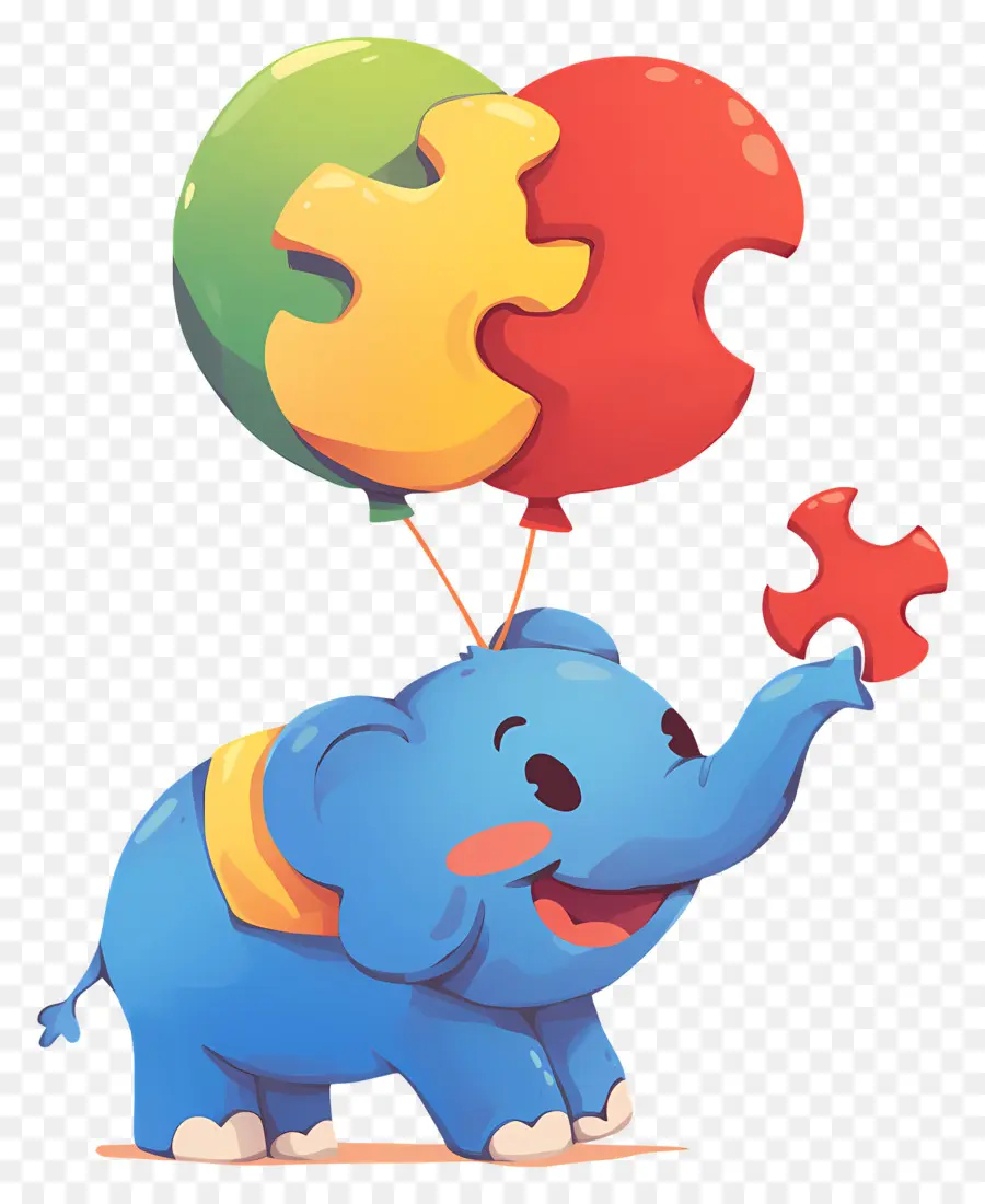 Journée De Sensibilisation à L'autisme，Éléphant Bleu Avec Des Ballons Puzzle PNG