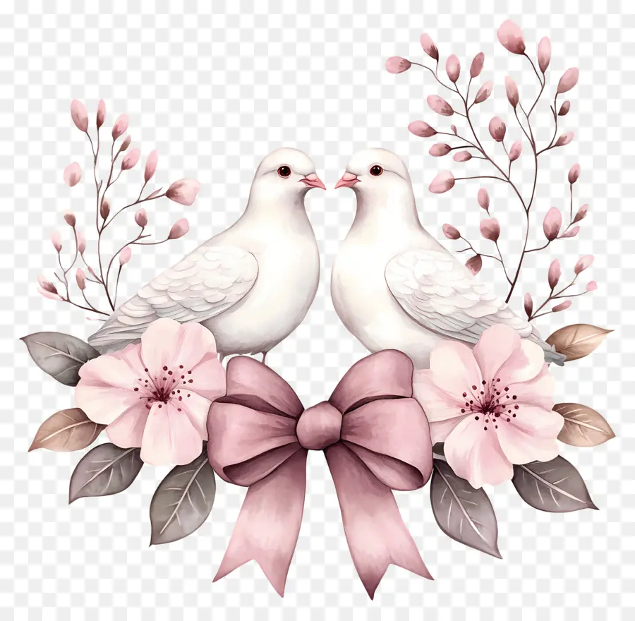 Les Oiseaux D'amour，Colombes Avec Des Fleurs PNG