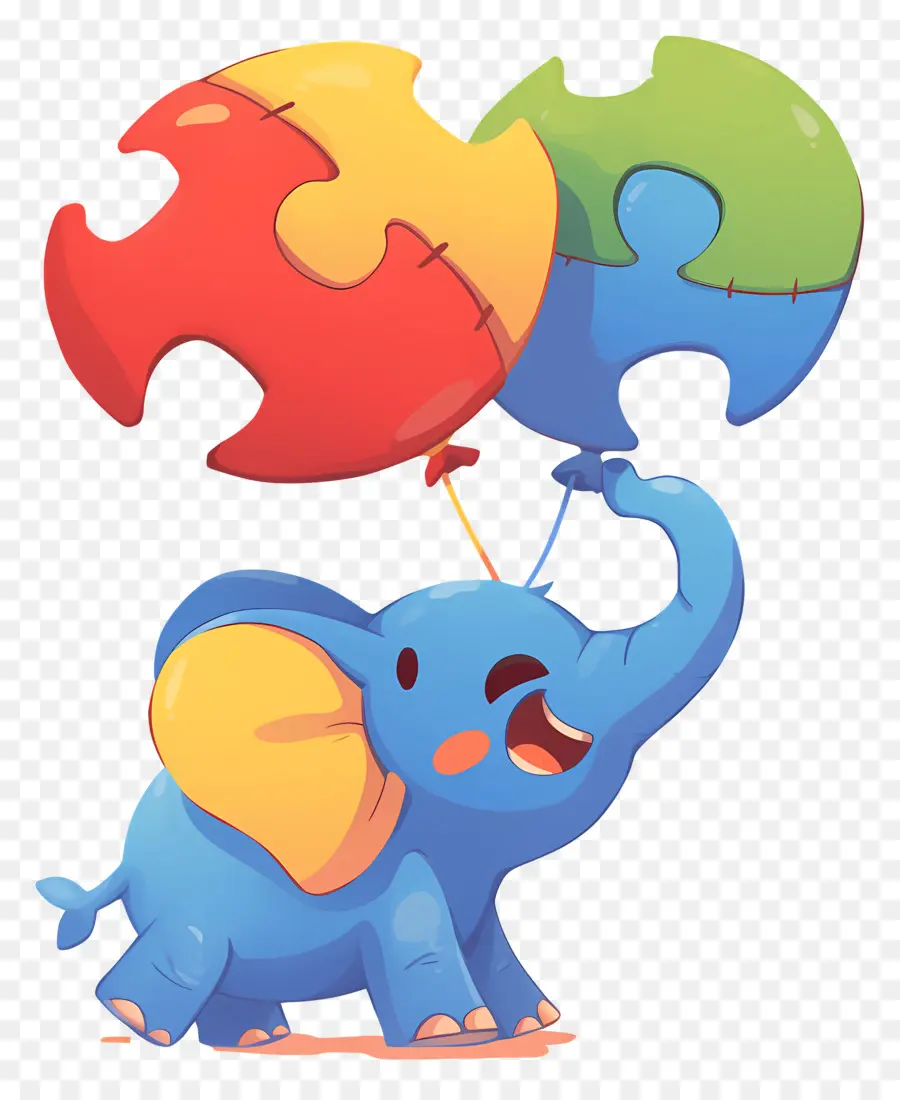 Journée De Sensibilisation à L'autisme，Éléphant Bleu Avec Des Ballons Puzzle PNG