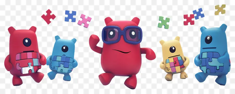 Journée De Sensibilisation à L'autisme，Personnages Colorés Avec Des Pièces De Puzzle PNG