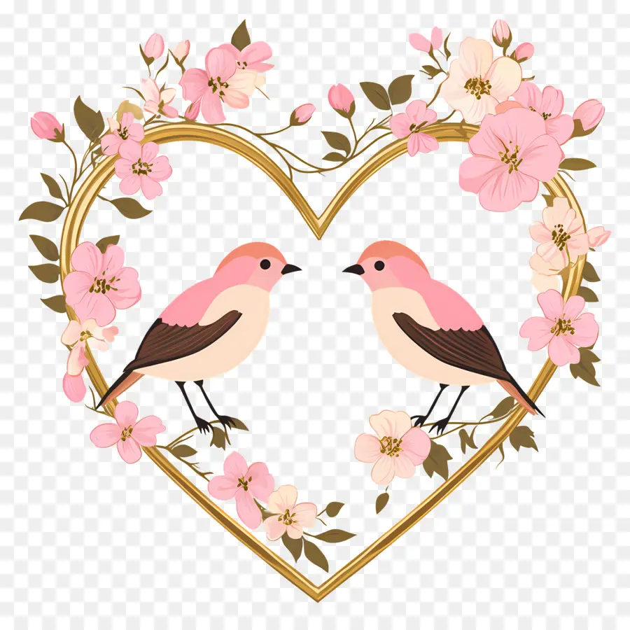 Coeur Saint Valentin，Coeur Avec Oiseaux Et Fleurs PNG