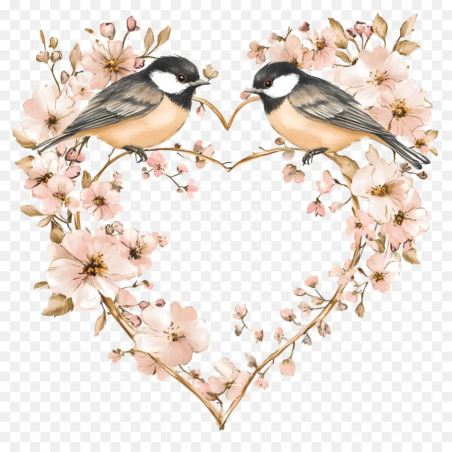 Coeur De Mariage，Coeur Avec Oiseaux Et Fleurs PNG