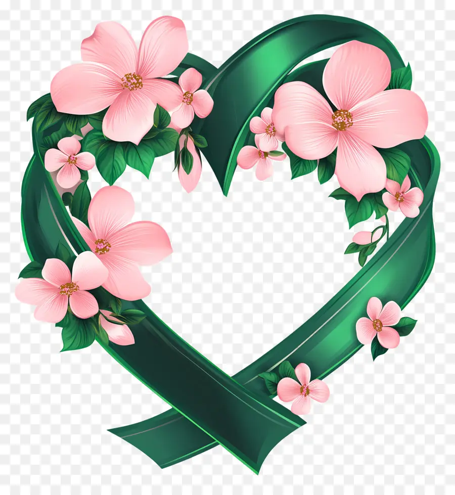 Coeur De Mariage，Coeur Avec Ruban Vert Et Fleurs PNG