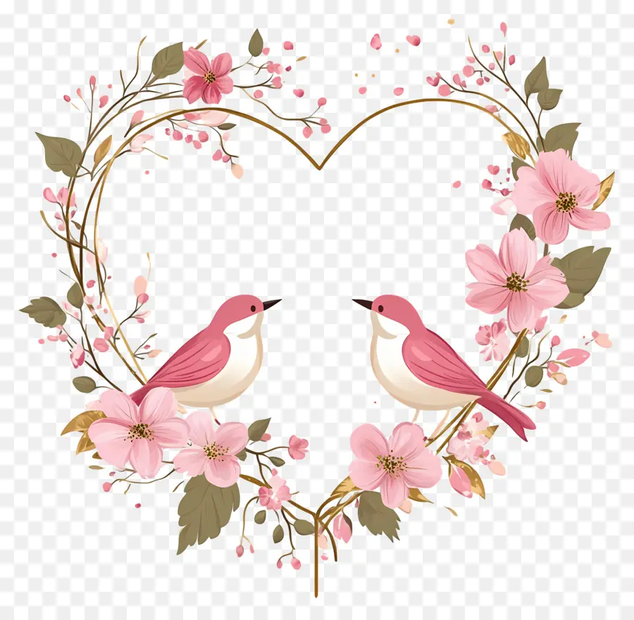 Coeur Saint Valentin，Coeur Avec Oiseaux Et Fleurs PNG