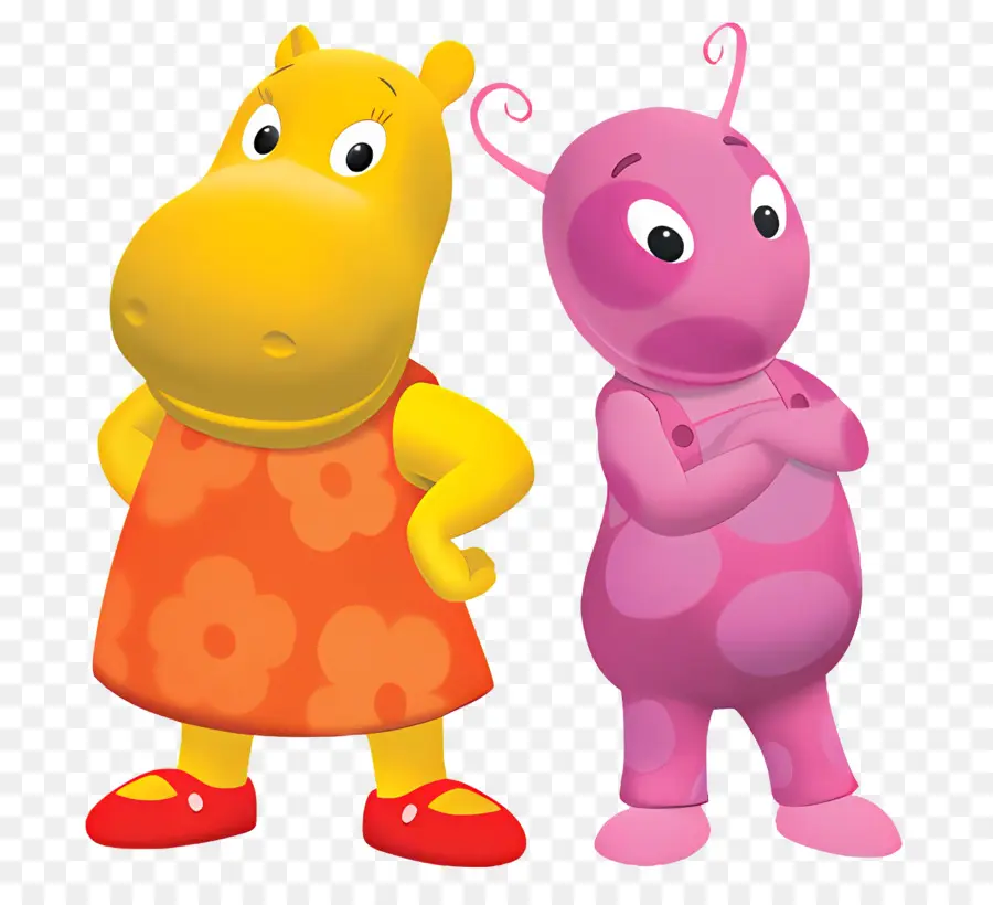 Les Mélodilous，Hippopotame Jaune Et Personnage Rose PNG