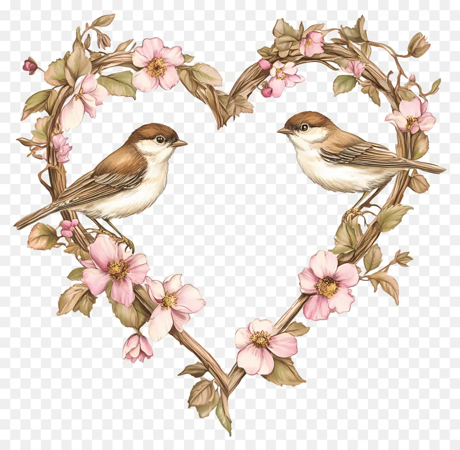 Coeur De Mariage，Coeur Avec Oiseaux Et Fleurs PNG