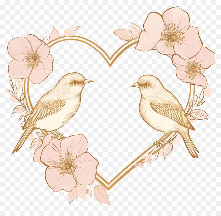 Coeur De Mariage，Coeur Avec Oiseaux Et Fleurs PNG