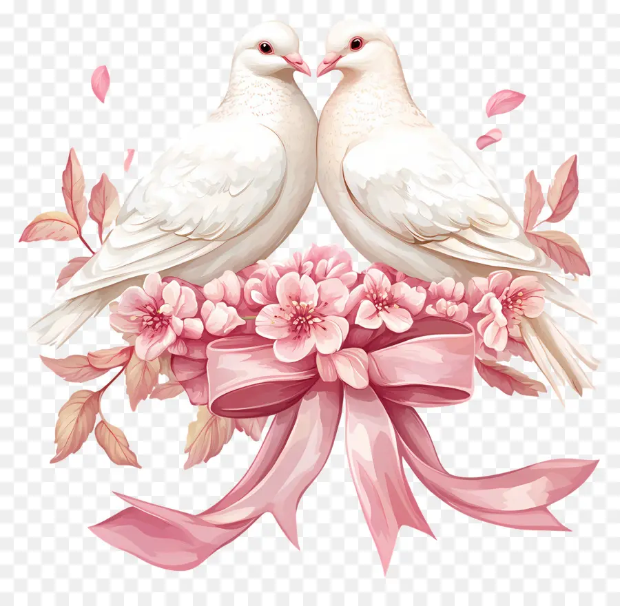 Oiseaux De Mariage，Colombes Avec Des Fleurs PNG