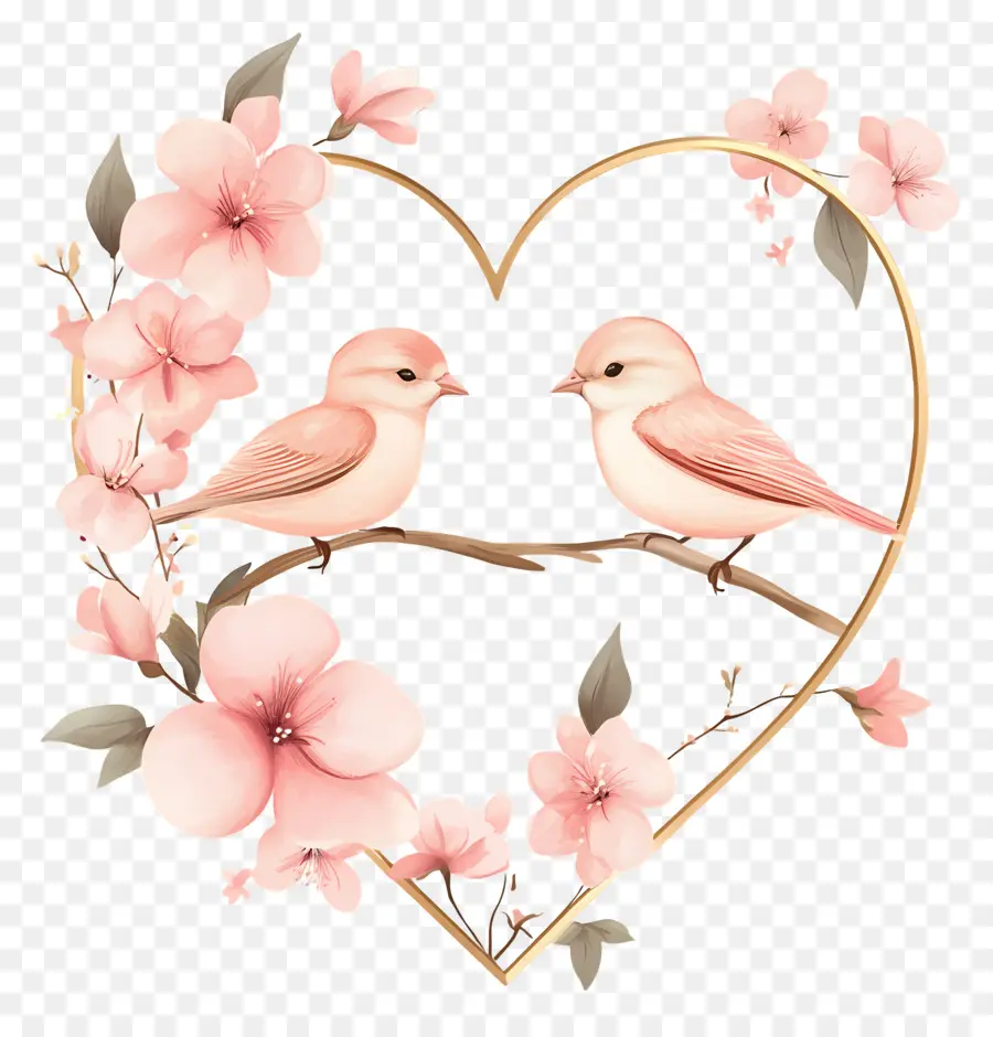 Coeur De Mariage，Coeur Avec Oiseaux Et Fleurs PNG