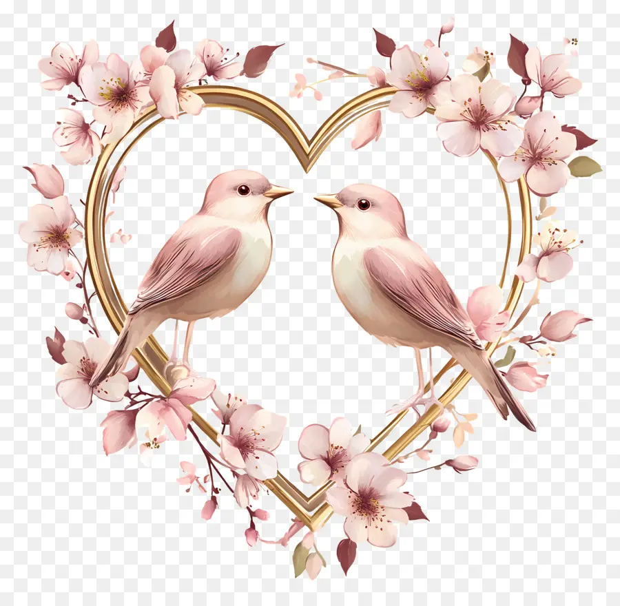 Coeur Saint Valentin，Coeur Avec Oiseaux Et Fleurs PNG