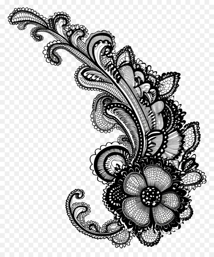 Bordure En Dentelle，Motif Floral Noir PNG