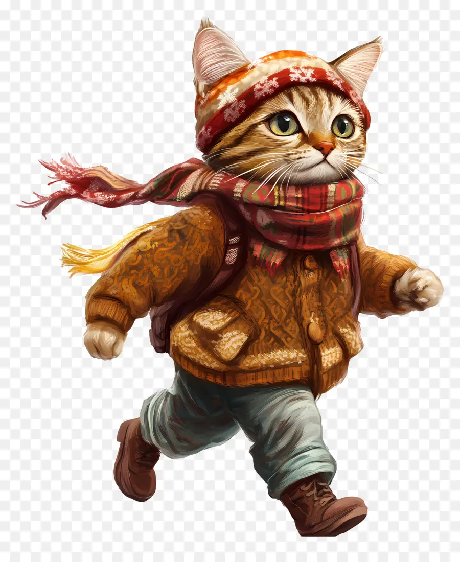 Chat Qui Marche，Chat Dans Les Vêtements D'hiver PNG