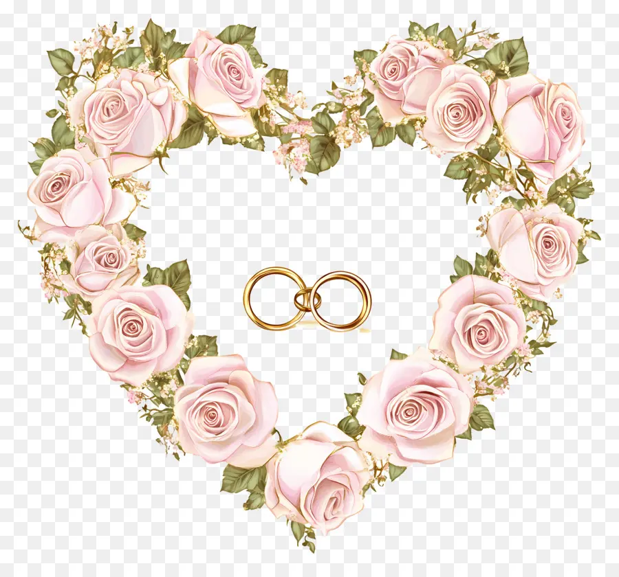 Coeur De Mariage，Coeur Avec Des Roses Et Des Anneaux PNG